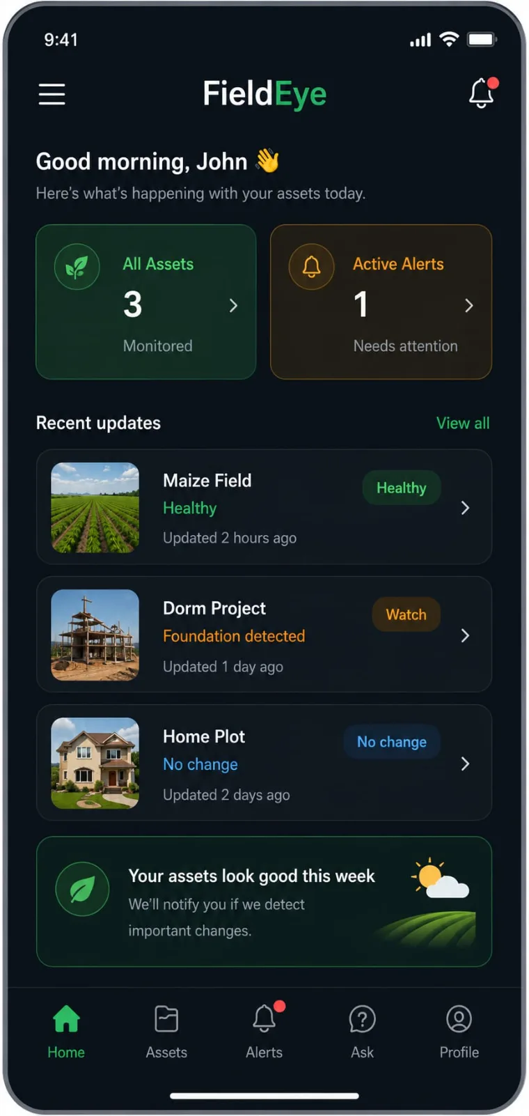FieldEye mobile app showing field status