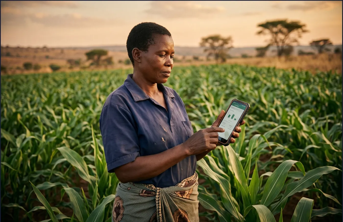 Zambian farmer using the FieldEye app in a maize field